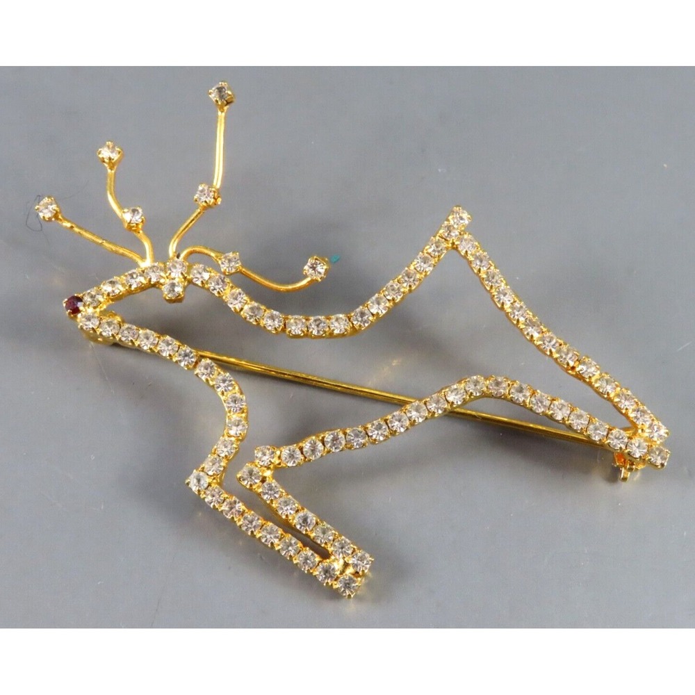 Vintage GOLD TONE BROOCH PIN Prancing Reindeer Deer CLEAR RHINESTONES Red Nose